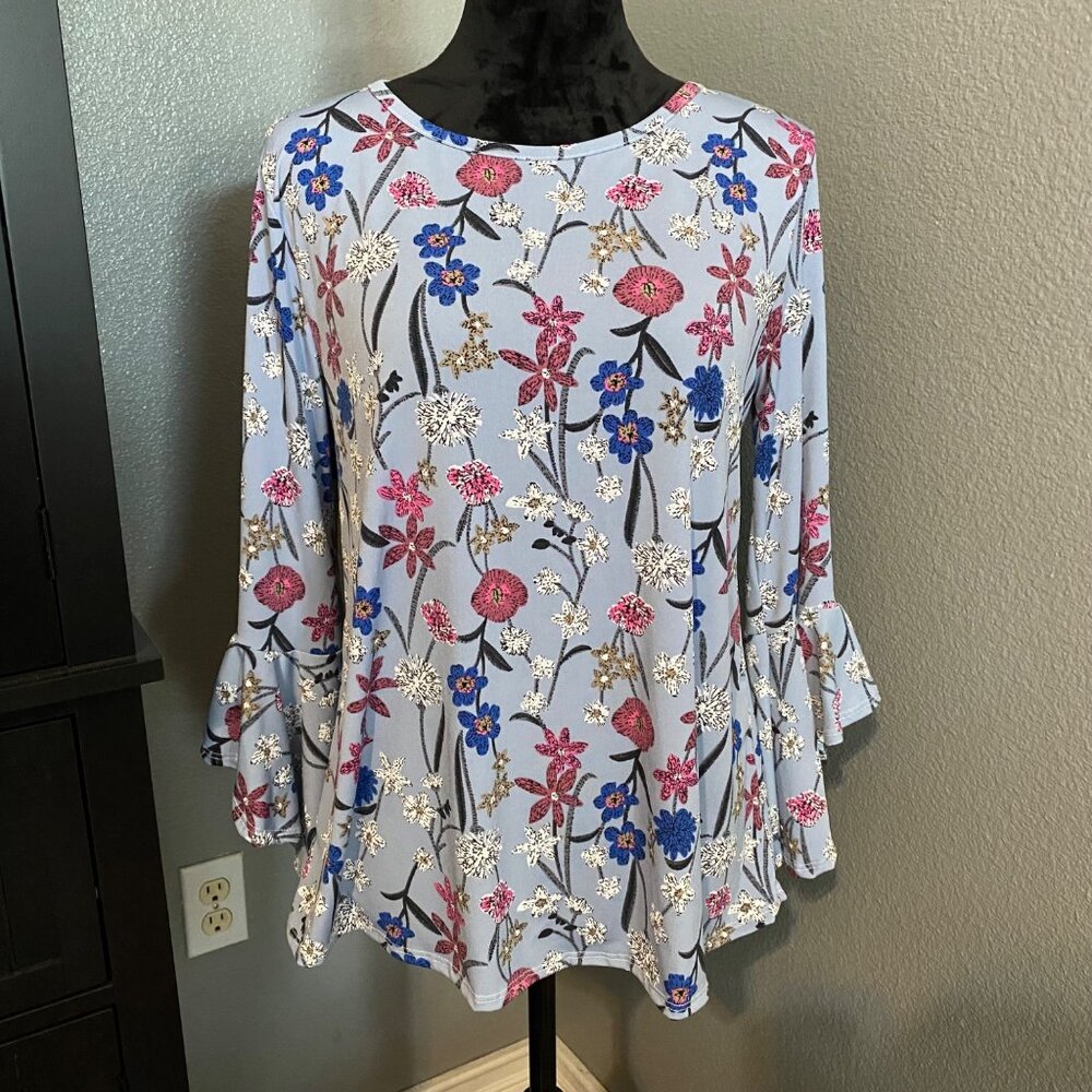 Cottagecore Floral‎ Print Blouse Medium Light Blue Bell Sleeve Boho Peasant